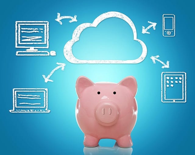 pink piggy bank pondering cloud and technologies