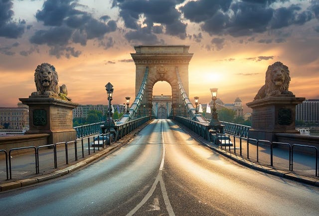 Statues of lions on Chain Bridge in Budapest at sunrise