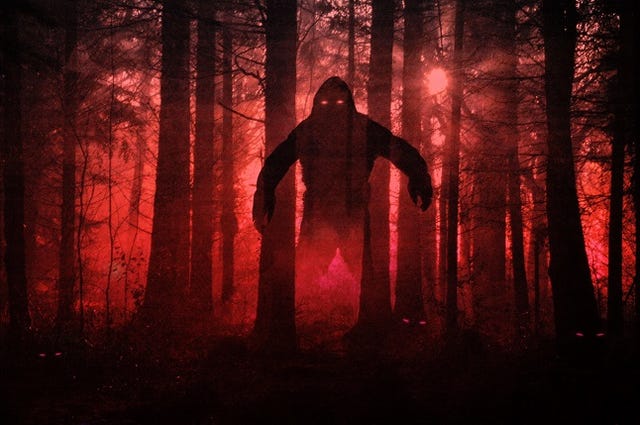 A dark scary concept. Of a mysterious bigfoot monster figure, standing in a forest at night