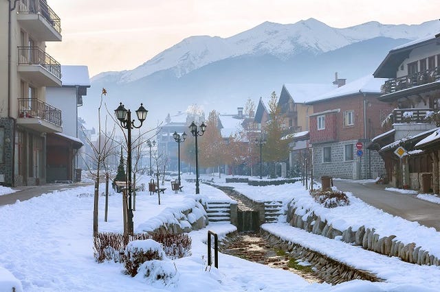 wintry scene in the town of Bansko, Bulgaria