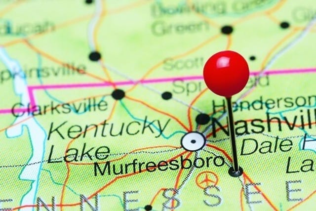 map of Tennessee with pin stuck in Murfreesboro