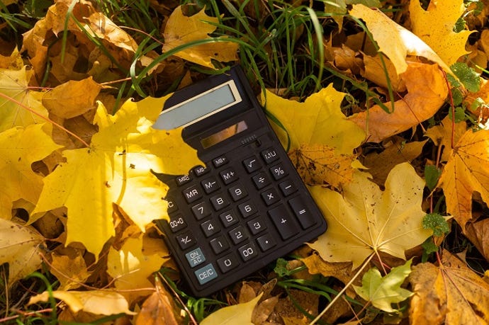 fall leaves surrounding a calculator