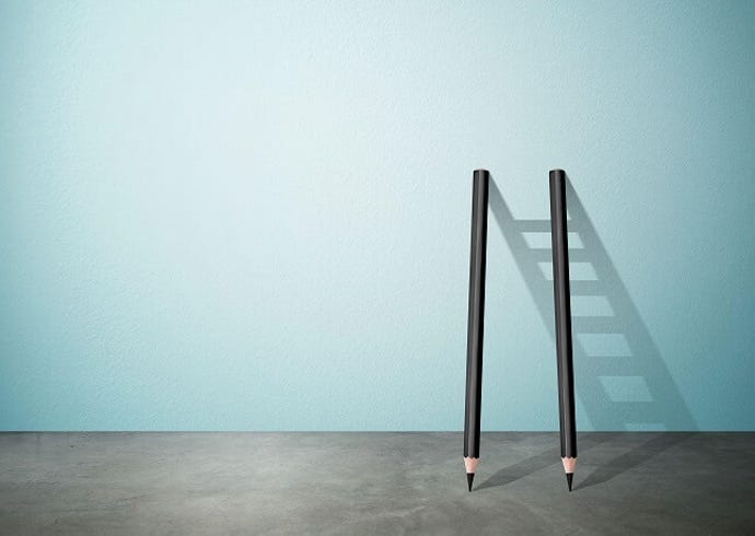 illustration of two pencils against a teal background with shadow of ladder rungs