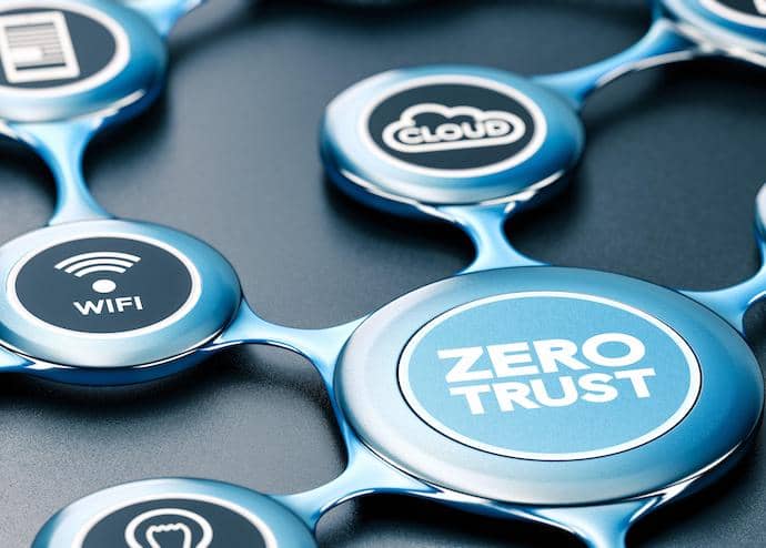 3D illustration of a blue network with icons and the text zero trust written on the front. Black background.